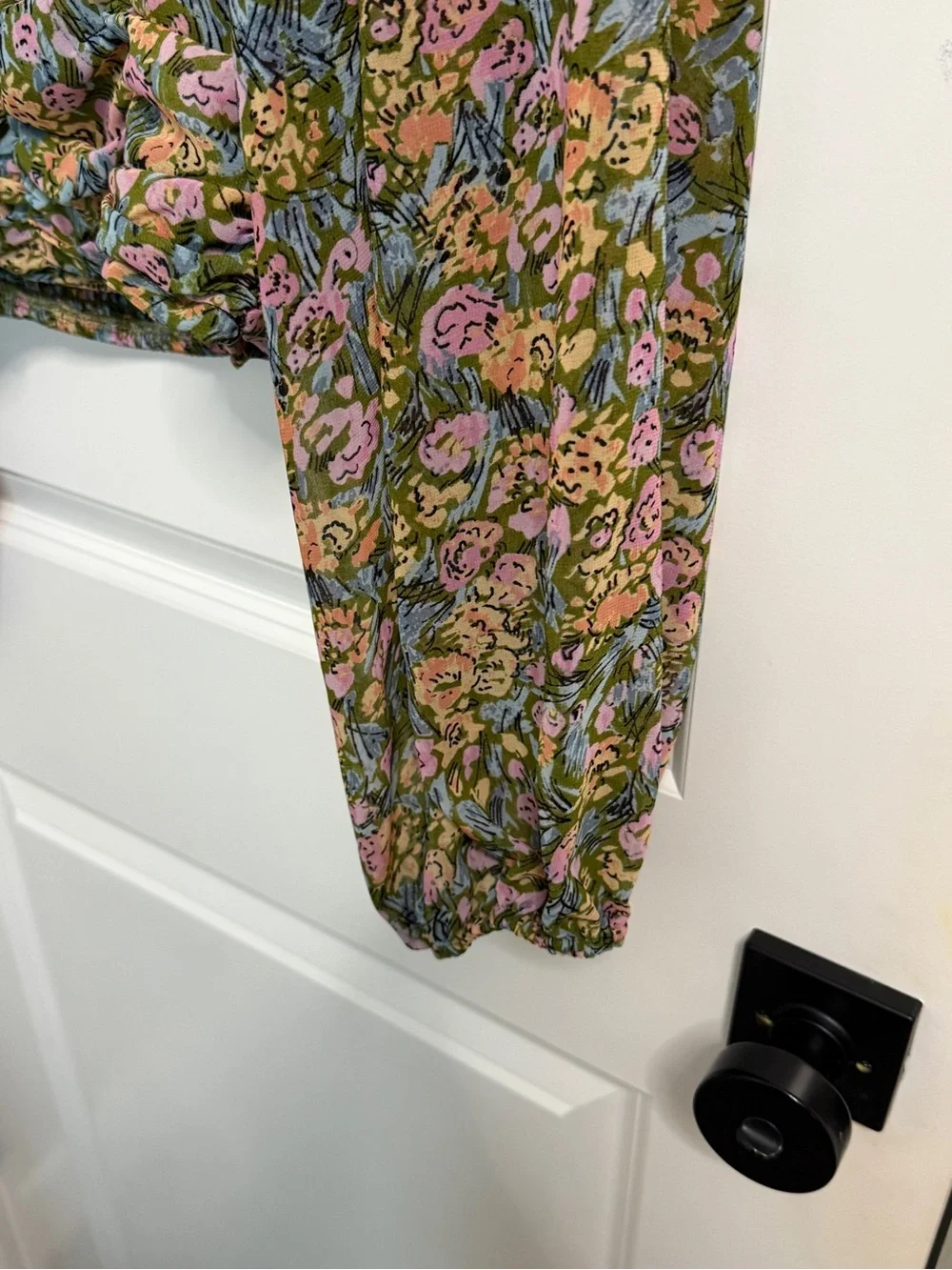 Free People Olive Multi Floral Ruffled Ruched Blouse